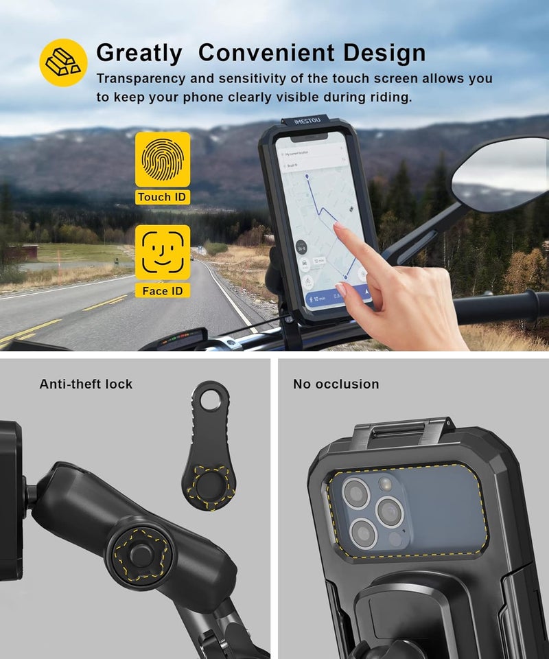 iMESTOU Anti-Theft Waterproof Motorcycle Phone Holder Bike Phone Mount 1" Ball Handlebar Stem Mobile Holder with Double Socket Arms 720° Rotation Aluminium Base for 5.5"-6.8" Cellphones (L) - Image 3